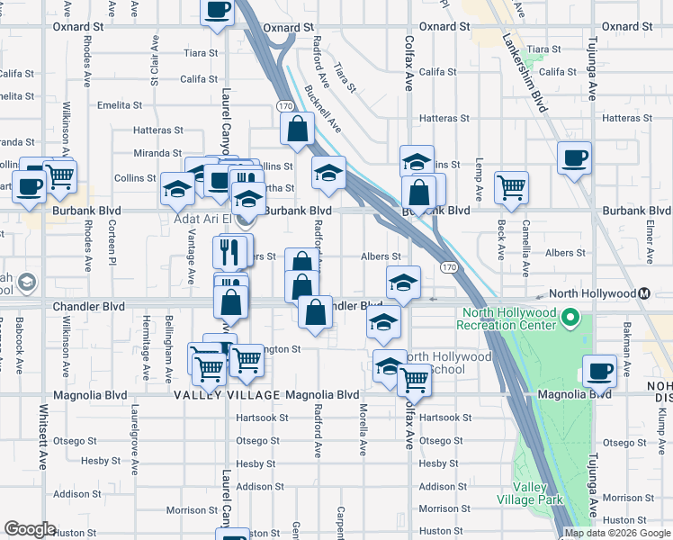 map of restaurants, bars, coffee shops, grocery stores, and more near 5450 Radford Avenue in Los Angeles