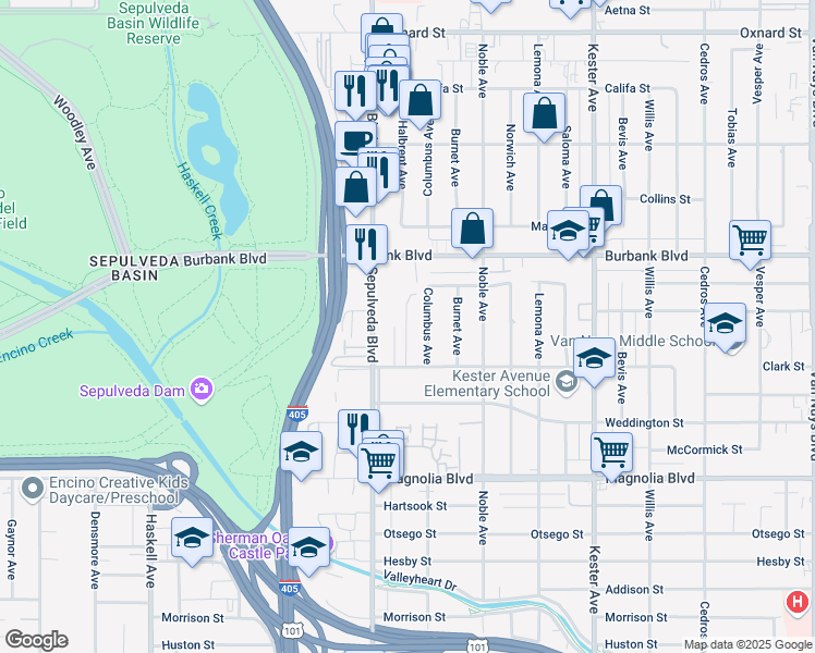 map of restaurants, bars, coffee shops, grocery stores, and more near 5460 Sepulveda Boulevard in Los Angeles