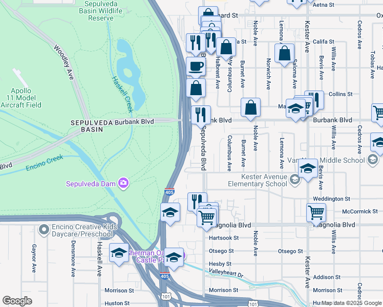 map of restaurants, bars, coffee shops, grocery stores, and more near 15304 Albers Street in Los Angeles