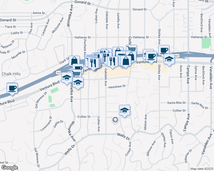 map of restaurants, bars, coffee shops, grocery stores, and more near 5451 Oakdale Avenue in Los Angeles