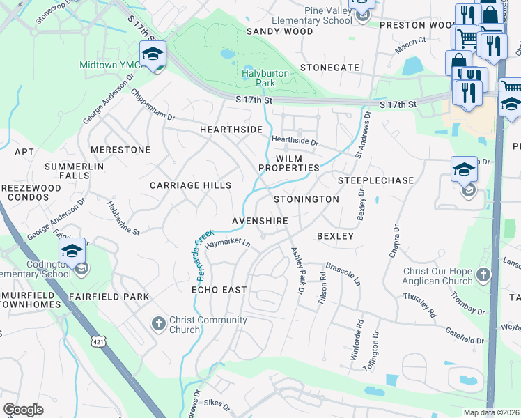 map of restaurants, bars, coffee shops, grocery stores, and more near 4300 Prescott Court in Wilmington