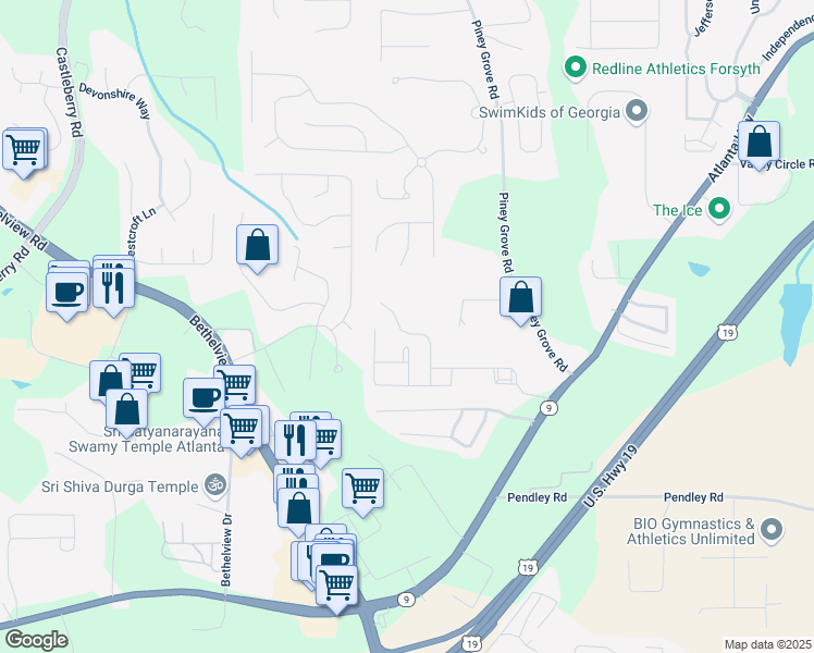 map of restaurants, bars, coffee shops, grocery stores, and more near 2720 Gatewater Court in Cumming