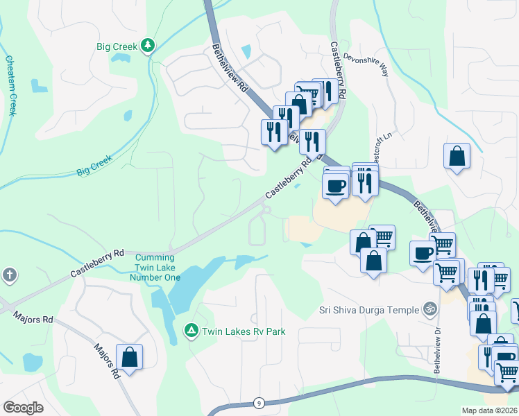 map of restaurants, bars, coffee shops, grocery stores, and more near 5810 Redstone Way in Cumming