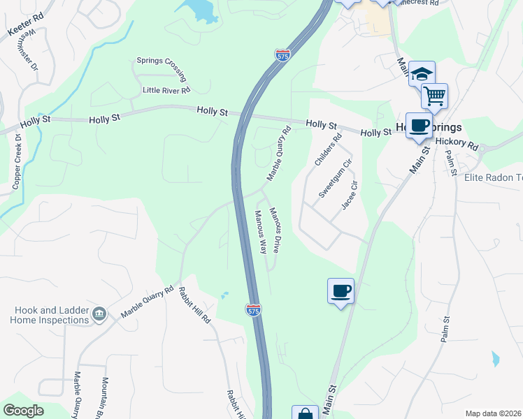 map of restaurants, bars, coffee shops, grocery stores, and more near 205 Manous Way in Canton