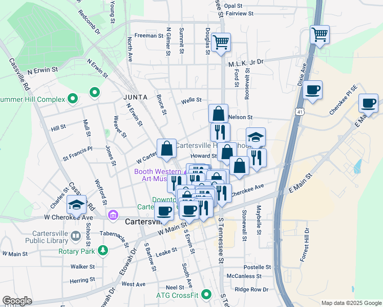 map of restaurants, bars, coffee shops, grocery stores, and more near 206 North Gilmer Street in Cartersville