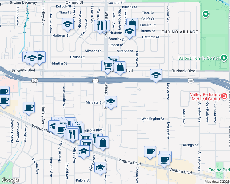 map of restaurants, bars, coffee shops, grocery stores, and more near 5460 White Oak Avenue in Los Angeles