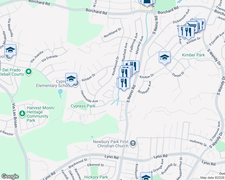 map of restaurants, bars, coffee shops, grocery stores, and more near 3865 Angeline Street in Thousand Oaks