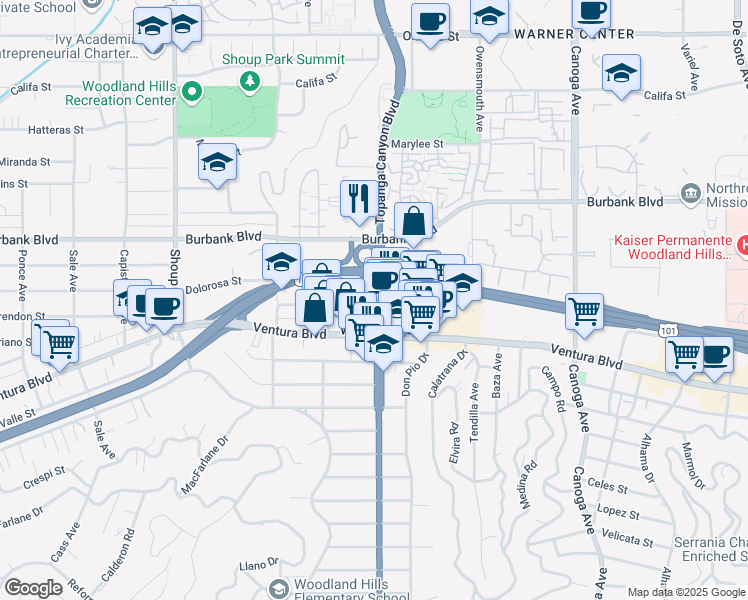 map of restaurants, bars, coffee shops, grocery stores, and more near 5441 California 27 in Los Angeles