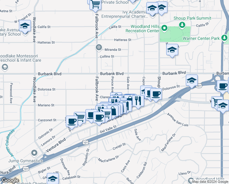 map of restaurants, bars, coffee shops, grocery stores, and more near 5446 Ponce Avenue in Los Angeles