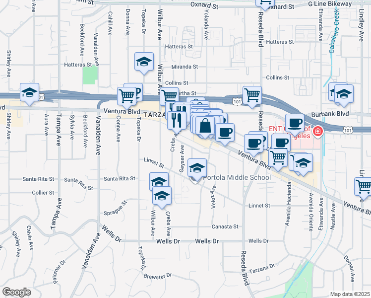map of restaurants, bars, coffee shops, grocery stores, and more near 5430 Geyser Avenue in Los Angeles