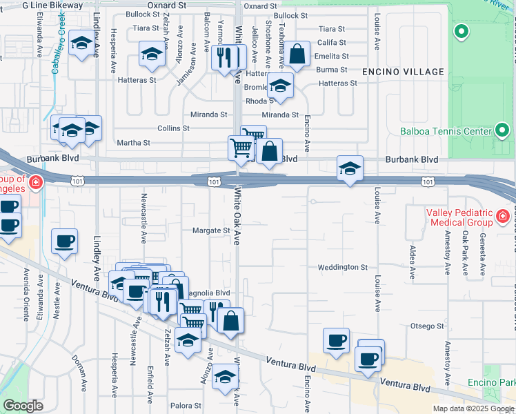 map of restaurants, bars, coffee shops, grocery stores, and more near 5460 White Oak Avenue in Los Angeles