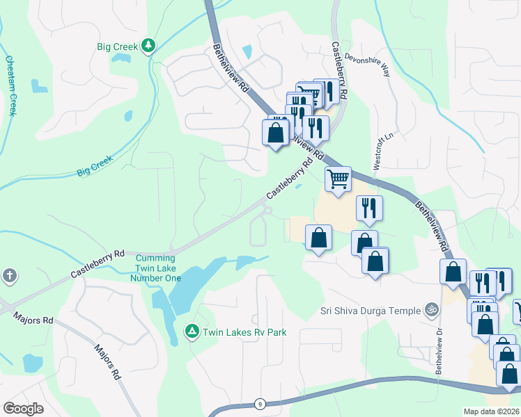 map of restaurants, bars, coffee shops, grocery stores, and more near 5810 Redstone Way in Cumming