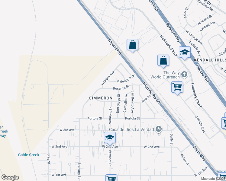map of restaurants, bars, coffee shops, grocery stores, and more near 2795 Rosarita Street in San Bernardino