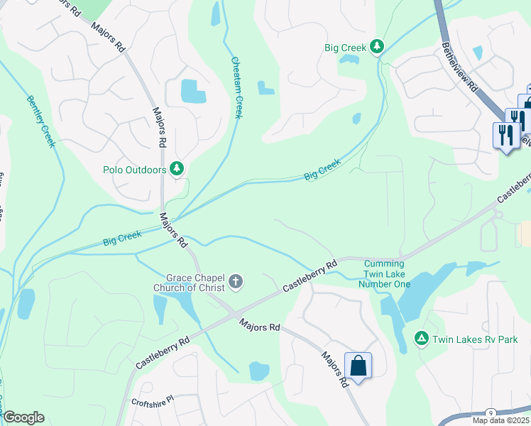 map of restaurants, bars, coffee shops, grocery stores, and more near 6050 Providence Lane in Cumming