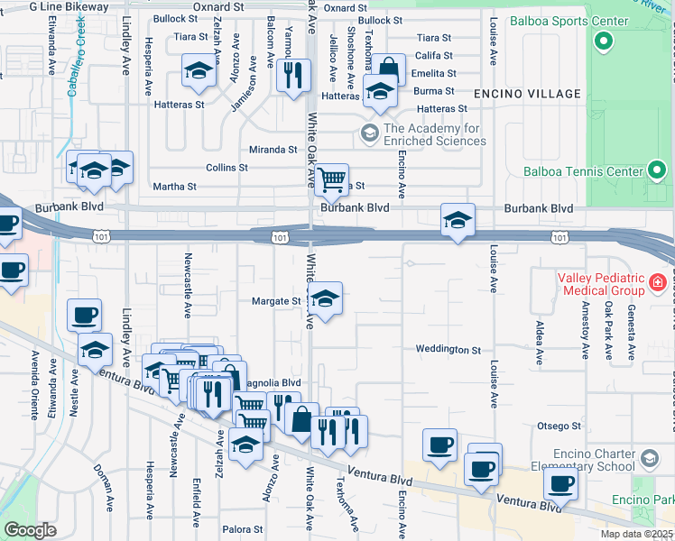 map of restaurants, bars, coffee shops, grocery stores, and more near 5460 White Oak Avenue in Encino