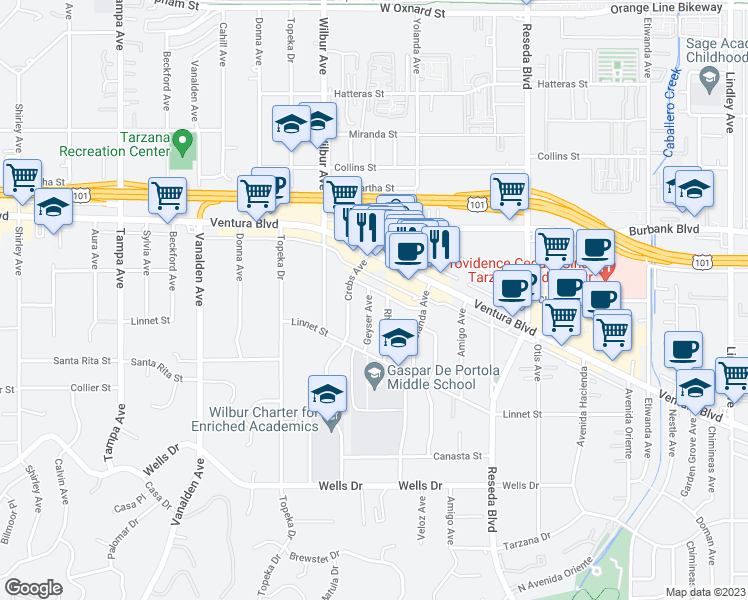 map of restaurants, bars, coffee shops, grocery stores, and more near 5430 Geyser Avenue in Los Angeles