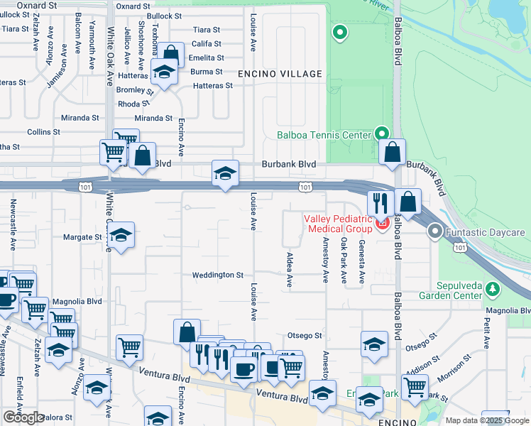 map of restaurants, bars, coffee shops, grocery stores, and more near 5430 Louise Avenue in Los Angeles