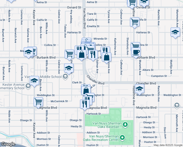 map of restaurants, bars, coffee shops, grocery stores, and more near 5455 Sylmar Avenue in Los Angeles