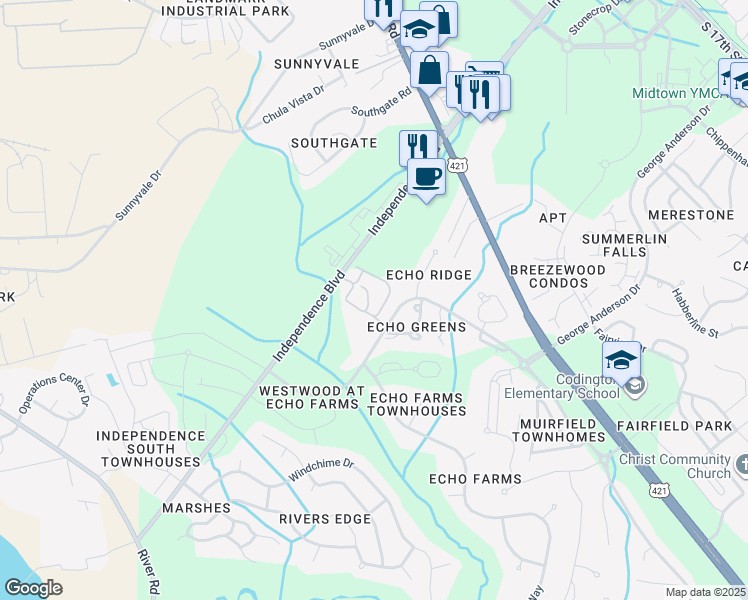 map of restaurants, bars, coffee shops, grocery stores, and more near 3809 Portofino Court in Wilmington
