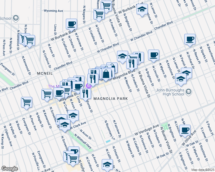 map of restaurants, bars, coffee shops, grocery stores, and more near 2926 West Magnolia Boulevard in Burbank