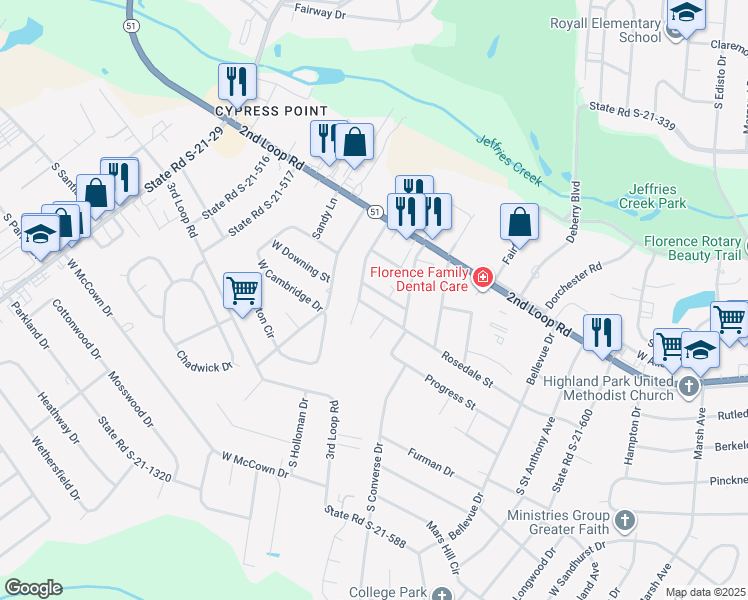 map of restaurants, bars, coffee shops, grocery stores, and more near 1818 West Higgins Street in Florence