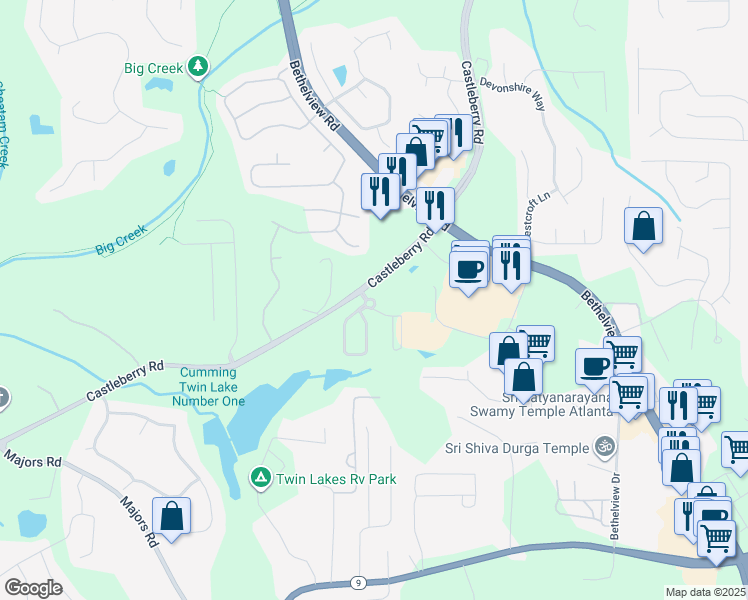 map of restaurants, bars, coffee shops, grocery stores, and more near 6040 Southard Trace in Cumming