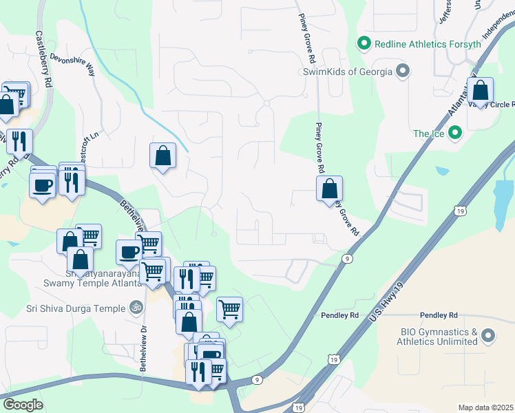 map of restaurants, bars, coffee shops, grocery stores, and more near 2720 Gatewater Court in Cumming