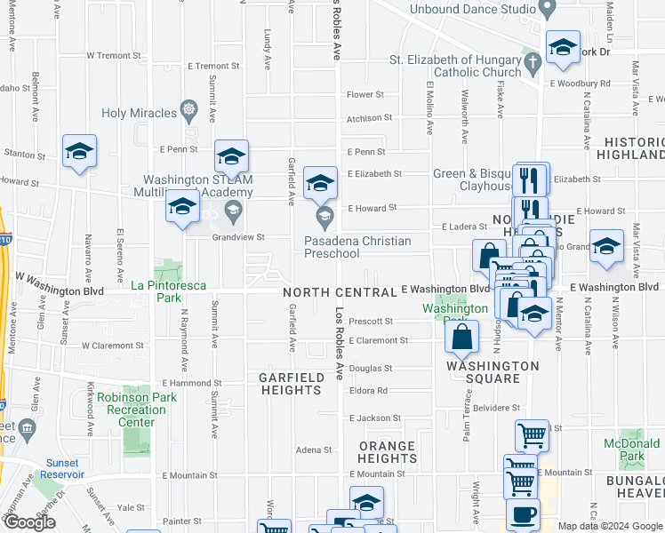 map of restaurants, bars, coffee shops, grocery stores, and more near 1375 North Los Robles Avenue in Pasadena