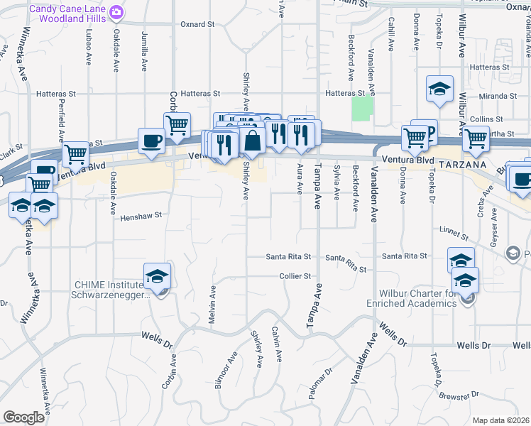 map of restaurants, bars, coffee shops, grocery stores, and more near 19421 Linnet Street in Los Angeles