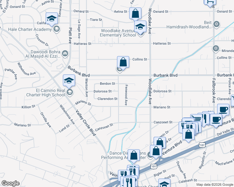 map of restaurants, bars, coffee shops, grocery stores, and more near 5451 Sadring Avenue in Los Angeles