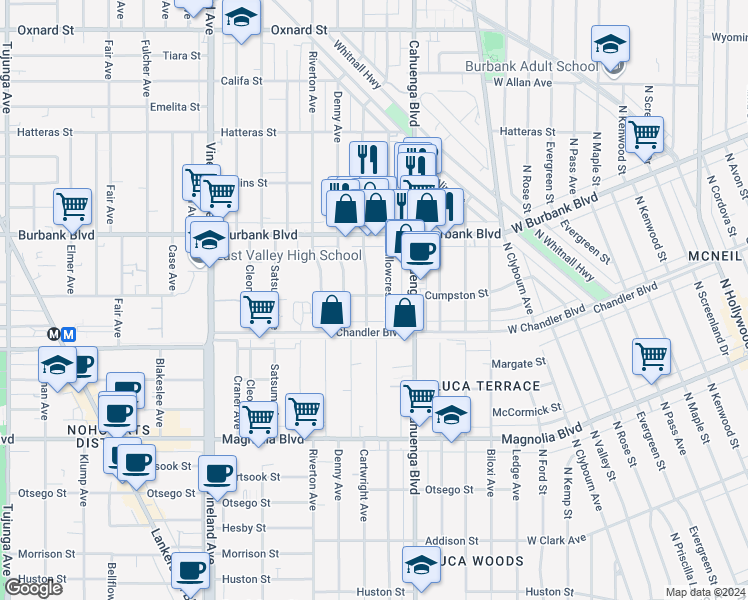 map of restaurants, bars, coffee shops, grocery stores, and more near 5446 Cartwright Avenue in Los Angeles
