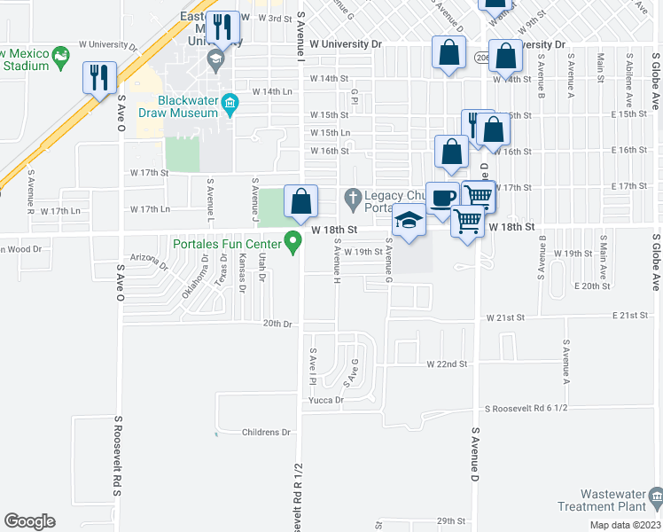 map of restaurants, bars, coffee shops, grocery stores, and more near 1901 South Avenue H in Portales