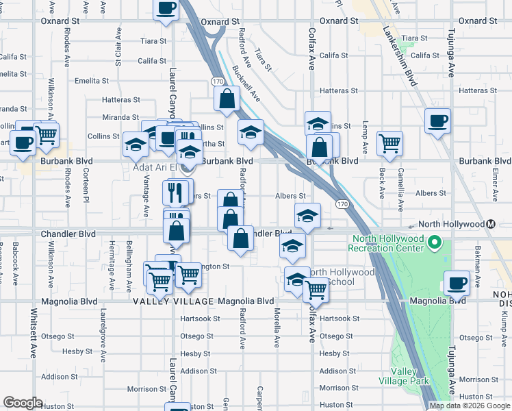 map of restaurants, bars, coffee shops, grocery stores, and more near 5450 Radford Avenue in Los Angeles