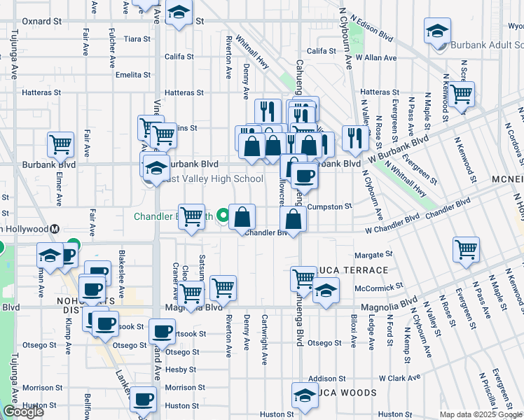 map of restaurants, bars, coffee shops, grocery stores, and more near 5445 Cartwright Avenue in Los Angeles