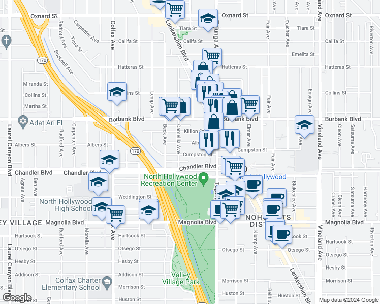 map of restaurants, bars, coffee shops, grocery stores, and more near 11475 Cumpston Street in Los Angeles
