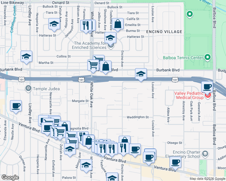 map of restaurants, bars, coffee shops, grocery stores, and more near 5419 Encino Avenue in Los Angeles