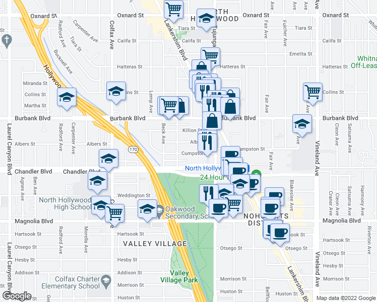 map of restaurants, bars, coffee shops, grocery stores, and more near 11465 Cumpston Street in Los Angeles