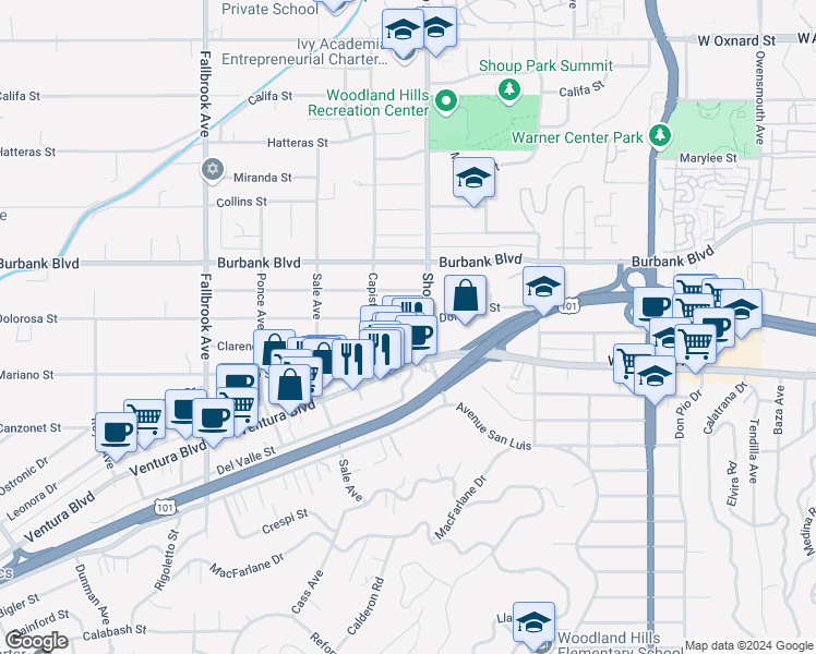 map of restaurants, bars, coffee shops, grocery stores, and more near 22422 Dolorosa Street in Los Angeles