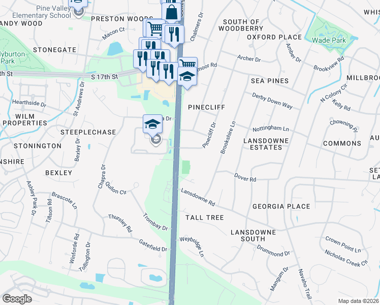 map of restaurants, bars, coffee shops, grocery stores, and more near 106 Pinecliff Drive in Wilmington