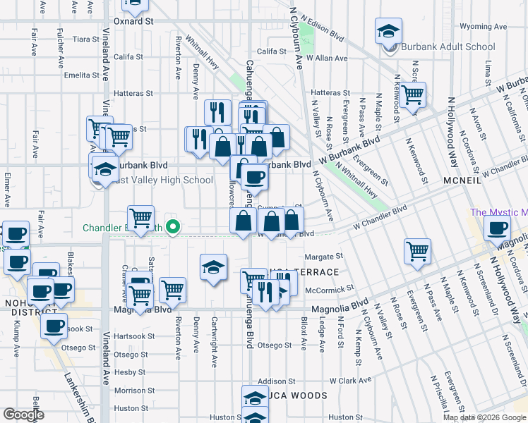 map of restaurants, bars, coffee shops, grocery stores, and more near 5441 Auckland Avenue in Los Angeles