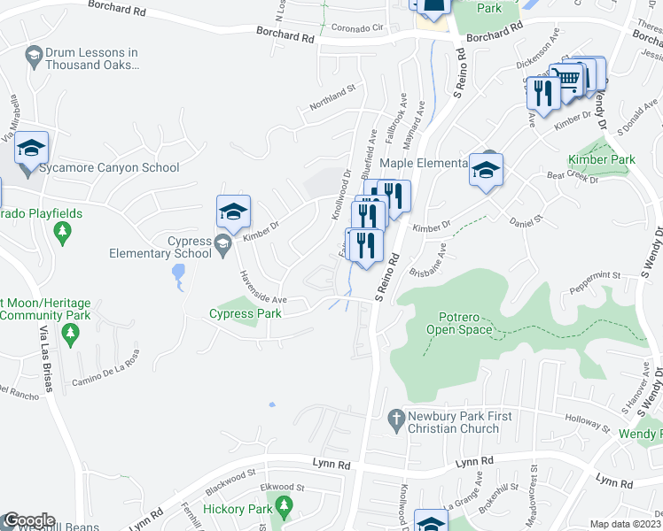 map of restaurants, bars, coffee shops, grocery stores, and more near 3865 Angeline Street in Thousand Oaks