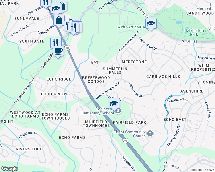 map of restaurants, bars, coffee shops, grocery stores, and more near 4117 Breezewood Drive in Wilmington