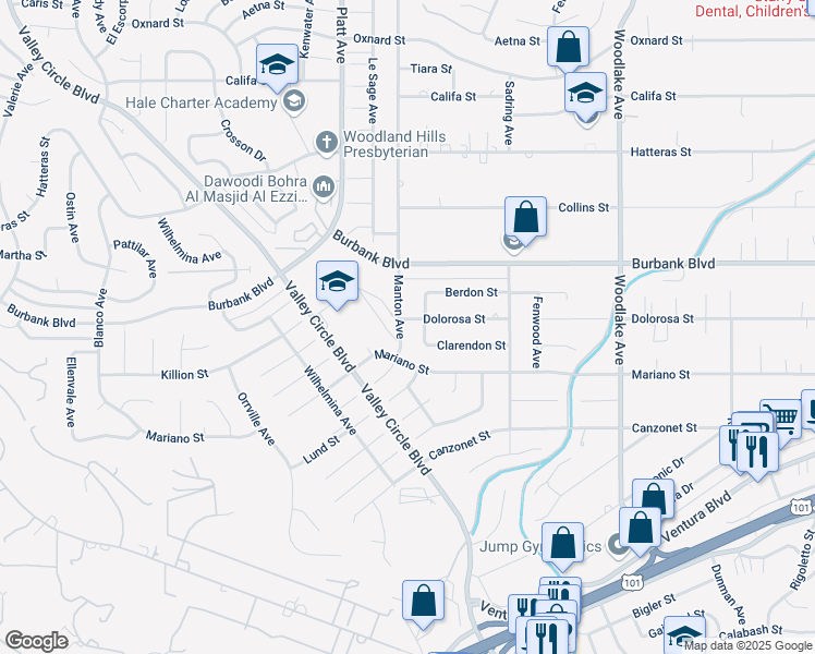 map of restaurants, bars, coffee shops, grocery stores, and more near 5452 Manton Avenue in Los Angeles