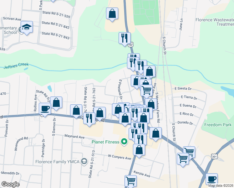 map of restaurants, bars, coffee shops, grocery stores, and more near 409 Jefferies Lane in Florence