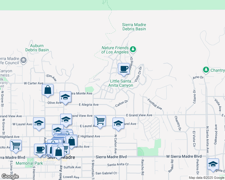 map of restaurants, bars, coffee shops, grocery stores, and more near 428 Madre Lane in Sierra Madre