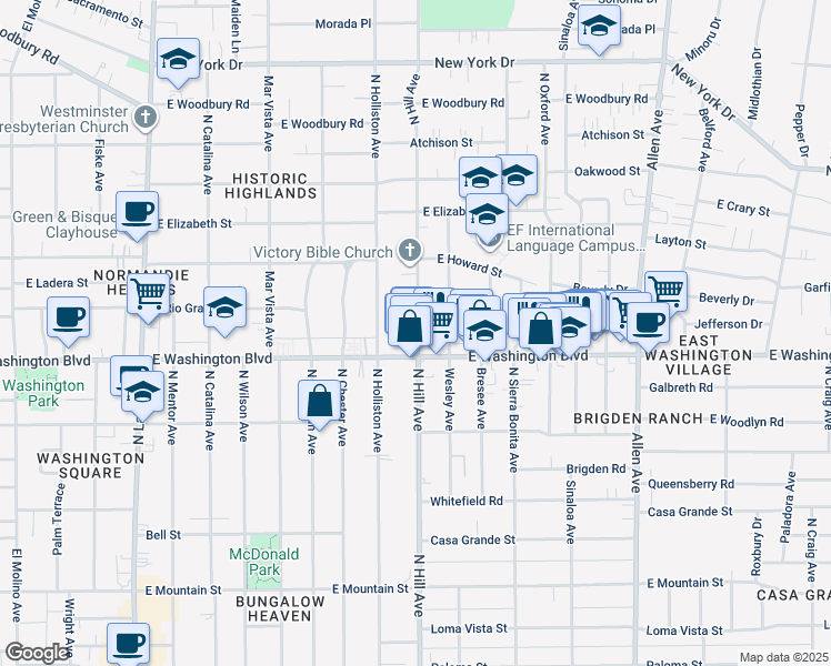 map of restaurants, bars, coffee shops, grocery stores, and more near 1373 1/2 North Hill Avenue in Pasadena