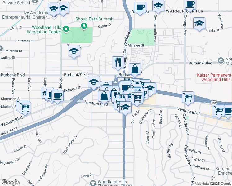 map of restaurants, bars, coffee shops, grocery stores, and more near 5441 California 27 in Los Angeles