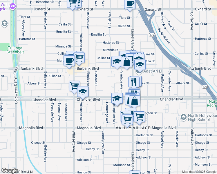map of restaurants, bars, coffee shops, grocery stores, and more near 5444 Hermitage Avenue in Los Angeles