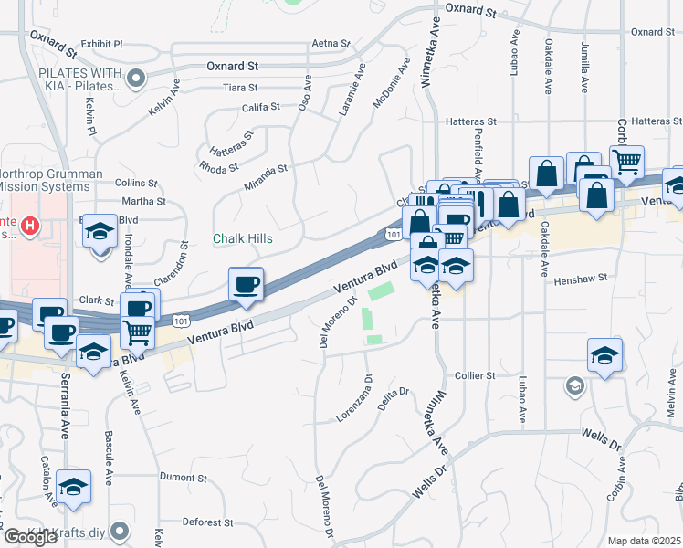 map of restaurants, bars, coffee shops, grocery stores, and more near 20301 Ventura Boulevard in Los Angeles