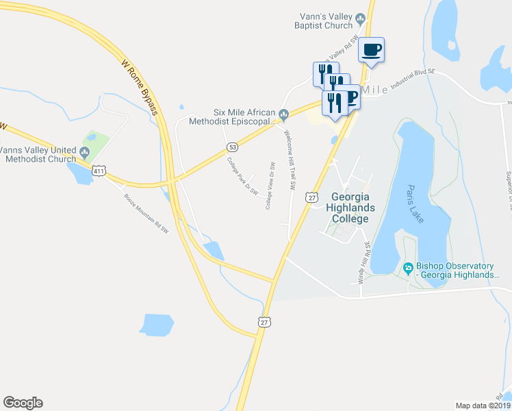map of restaurants, bars, coffee shops, grocery stores, and more near 18 College Park Drive Southwest in Rome